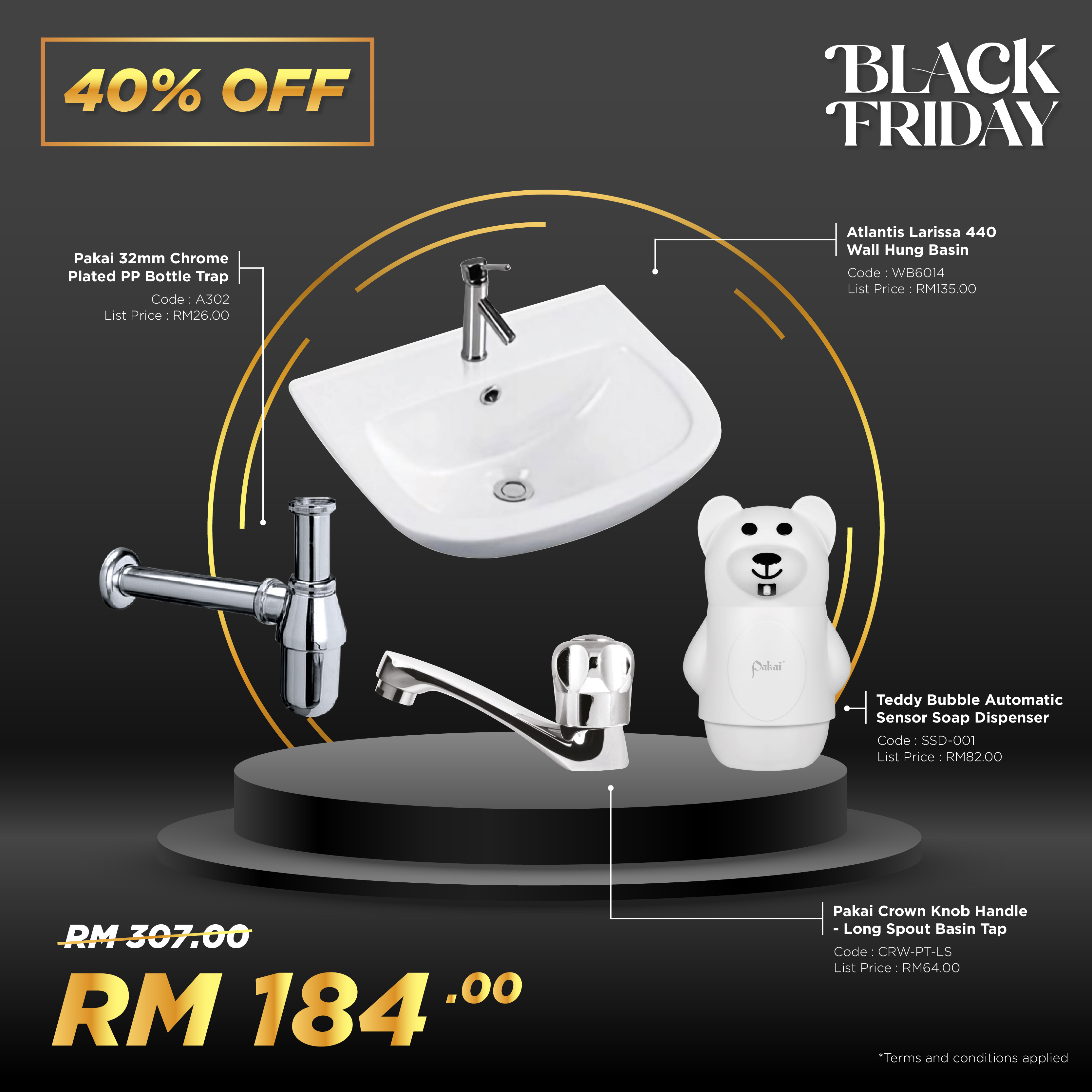 BLACK FRIDAY 40% PROMO - Wall Hung Basin + Bottle Trap +  CRW Basin Tap + Teddy Soap Dispenser BFRD